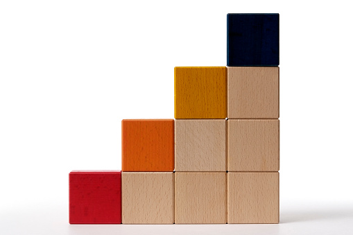 Bar chart from toy blocks isolated on white background.