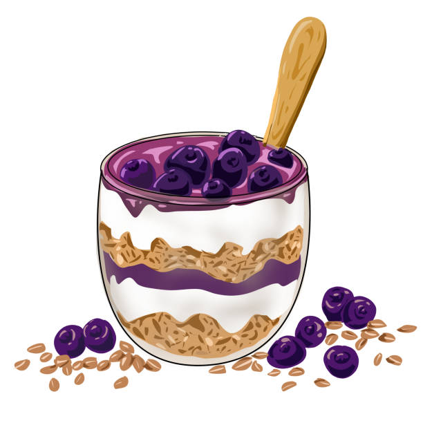 A delicious berry parfait with layers of yogurt, granola, and fresh blueberries A delicious berry parfait with layers of yogurt, granola, and fresh blueberries, presented in a clear glass with a wooden spoon, perfect for a healthy breakfast or snack concept yogurt parfait stock illustrations