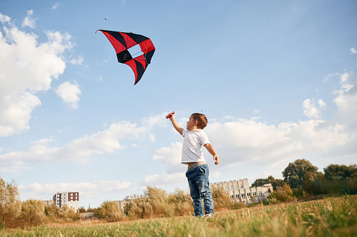 Little boy is playing outdoors at daytime. Standing, having fun with kite.