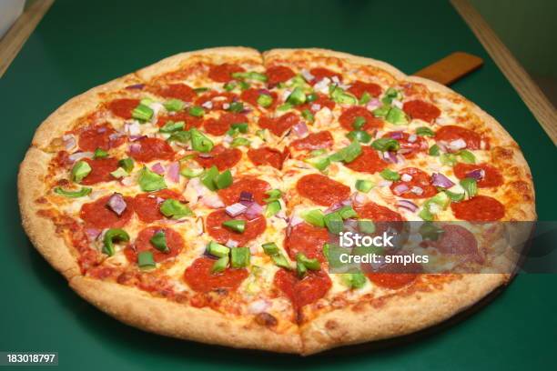 Pepperoni Onion Pepper Pizza Stock Photo - Download Image Now - Food and Drink, Horizontal, Italian Food
