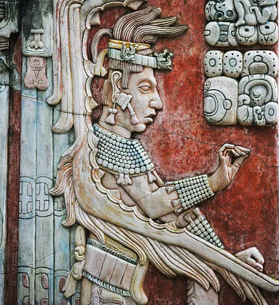"A bas-relief in the Palenque archeological site that depicts Upakal K'inich, the son of K'inich Ahkal Mo' Naab III."