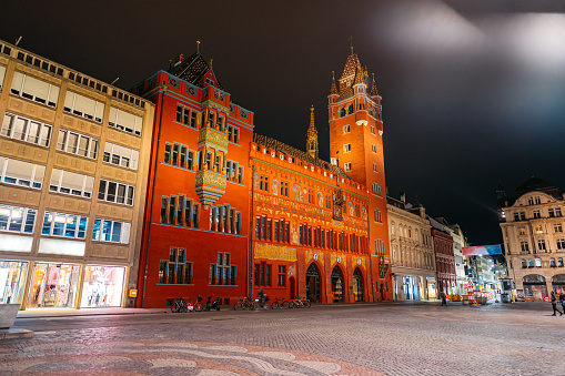 The Basel Town Hall (Rathaus Basel) in Basel in Switzerland at night.