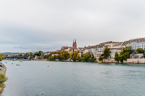 Beautiful quayside on the Rhine river in Basel in Switzerland.