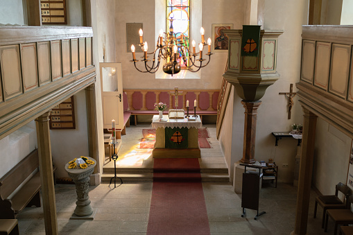 January photo with interior of a stone church (Vallentuna, Sweden)