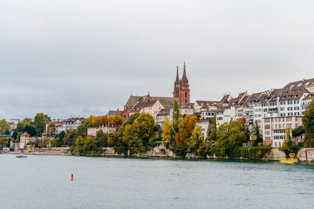Beautiful quayside on the Rhine river in Basel in Switzerland.