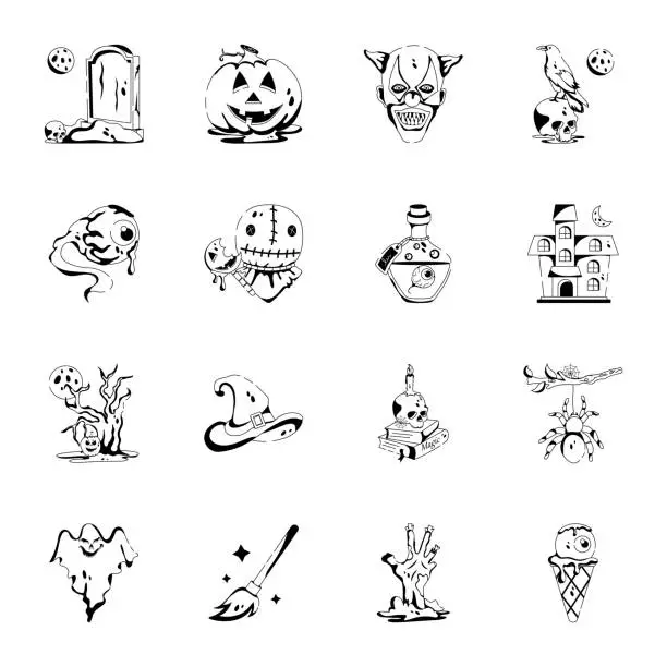 Vector illustration of Collection of Horror Glyph Icons