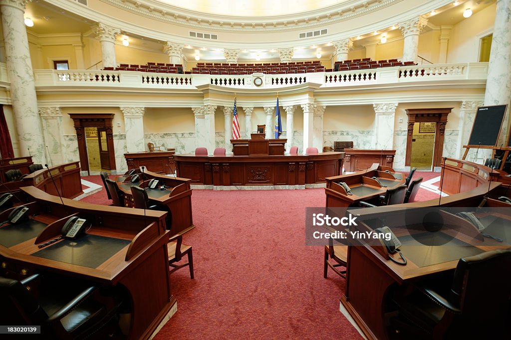 Senate Chamber Inside State Capitol Government Building, Boise, Idaho, USA The senate chamber of the state Capitol of the State of Idaho in Boise, a western city in the USA. United States Senate Stock Photo