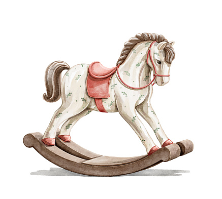 Watercolor vintage  cute Christmas toy rocking horse animal isolated on white background. Hand drawn illustration sketch