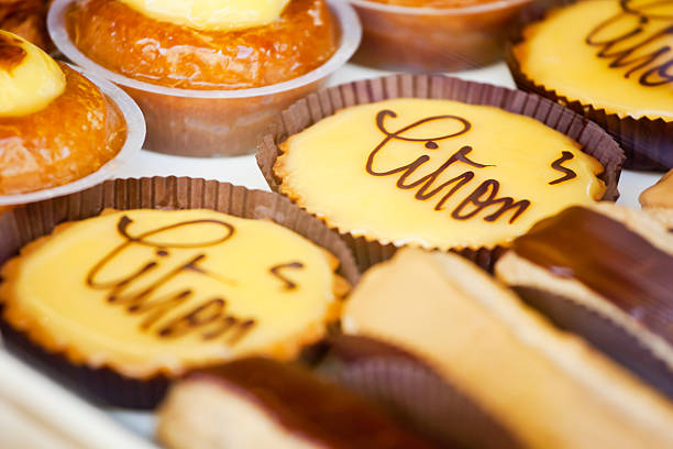 A counter display of typical French patisserie