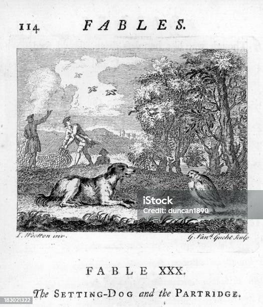 Cadre Fable Chien Et Le Partridge Vecteurs libres de droits et plus d'images vectorielles de Chien de chasse - Chien de chasse, D'autrefois, Objet gravé