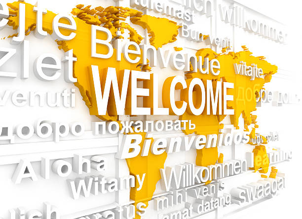 bienvenido - greeting welcome sign translation world map fotografías e imágenes de stock