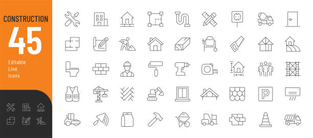 Construction Line Editable Icons set. Vector illustration in modern thin line style of renovation related icons: construction equipment and tools, stages of construction and finishing. flattening stock illustrations