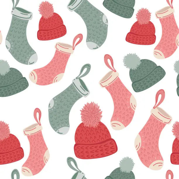 Vector illustration of Christmas snowy socks and hats seamless pattern