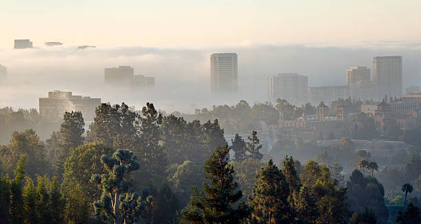 foggy morning city-scape XXXL Wide angle view of Westwood Village and the University of California Los Angeles on a foggy gray summer morning. This composite image is made of five vertical full frame merged files. ucla photos stock pictures, royalty-free photos & images