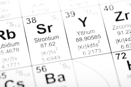 Periodic table detail for the elements Strontium and Yttrium. Image uses an altered public domain periodic table as the source document. Part of a series covering all the elements
