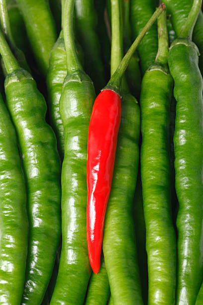 istock Red Chili Lie On Green pepper 183024346