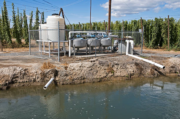 istock Irrigation equipment by canal in hops' field 183024429