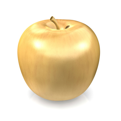 Golden apple isolated on a white background.The golden apple is an element that appears in various national  legends and fairy tales.Could symbolize temptation.This is a detailed 3d rendering