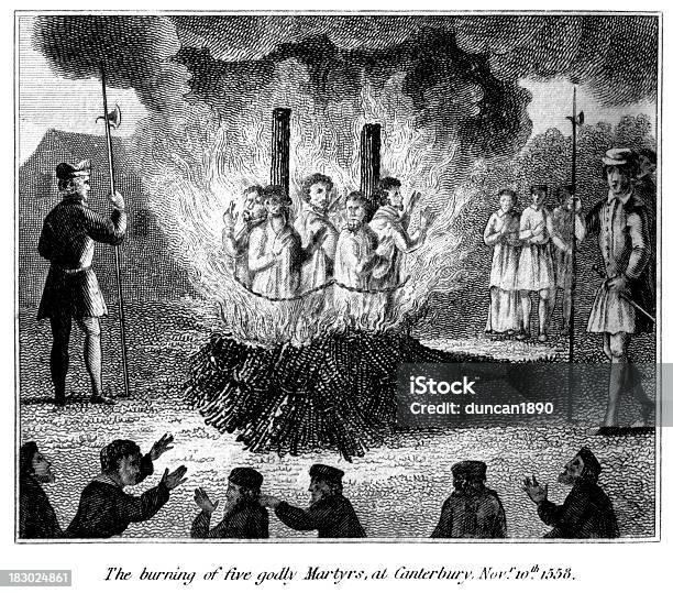 Bruciare Di Cinque Godly Martyrs A Canterbury - Immagini vettoriali stock e altre immagini di Palo di legno - Palo di legno, Bruciato, Protestantesimo
