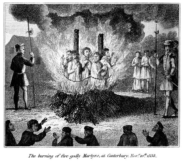 Burning of five godly martyrs at Canterbury Vintage engraving from 1807 showing burning of five godly martyrs at Canterbury on November 10th 1558. protestantism stock illustrations