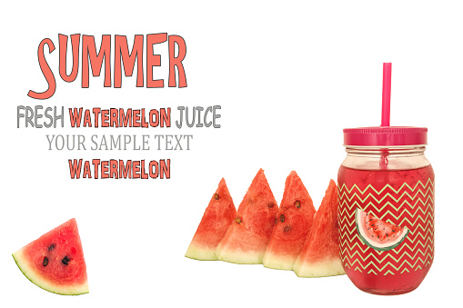 Summer creative layout with of fresh watermelon juice in a glass  and watermelon slices.isolated on white background and with free space for text