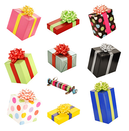 Ten lovely gift boxes isolated on white.  What could be inside?  Nobody knows.  Maybe they're Christmas presents, Chanuka gifts, birthday presents or even a special gift for your customers.  Colorful and happy gift fun time!