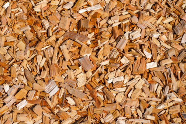 Wood chips close-up. Background. Surface for playgrounds and gardens. stock photo