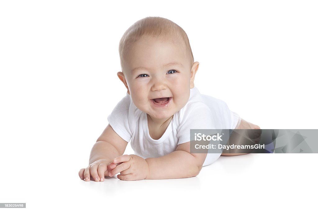 Bebé de siete meses de edad feliz sobre fondo blanco - Foto de stock de Bebé libre de derechos