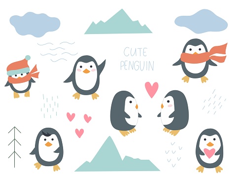 Set cute penguins in arctic clip art. Hand drawn winter character in different poses and natural elements. Baby animals collection for card and design, isolated vector illustration