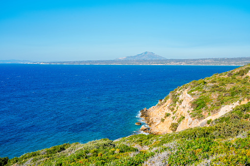 View of the landscape and the Mediterranean Sea from a mountain on the Greek island of Kos.