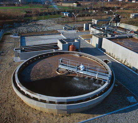 Clarifier tank at a sewage treatment plant place in Liguria Italy.