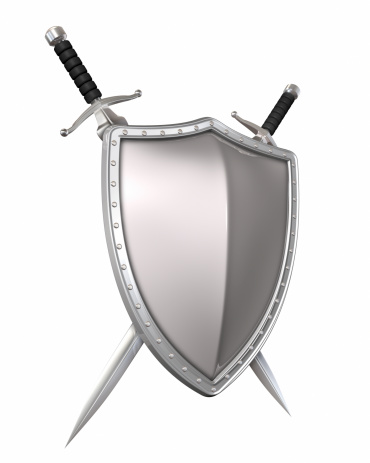 Shield and swords isolated on white.