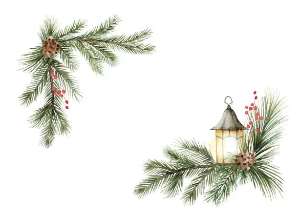Vector illustration of Christmas vector spruce branch with lanterns. Watercolor for wedding, stationery, invitation, holiday card template, decoration, wallpaper. Hand drawn illustration.