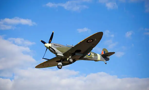 "With its wheels down, a classic WW II Spitfire comes in to land."
