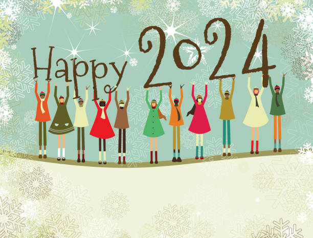 Happy New Year children greeting card vintage style vector art illustration