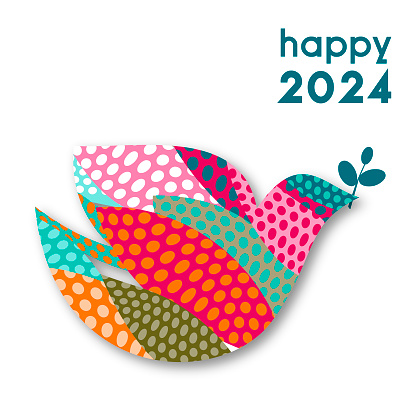 Happy 2024 greeting card dove of peace in vibrant colors. Elements distributed in different layers for easy edition.