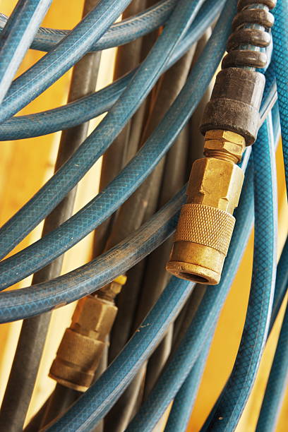 Close up view of air hose valve stock photo
