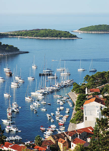 View of Hvar harbor from castle - vertical