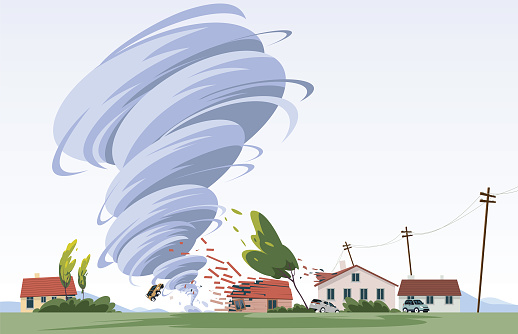 Vector  Hurricane disaster. Air twister disaster natural scene. Tornado blows the roof off house.