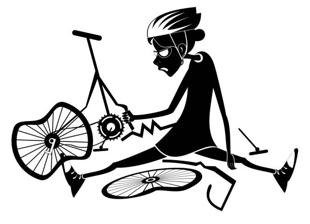悲しいサイクリストの女性と壊れた自転車 - bicycle isolated white background cycling点のイラスト素材／クリップアート素材／マンガ素材／ア��イコン素材