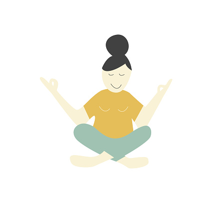 a flat design of a cartoon woman in lotus pose. This vector illustration radiates peace, mindfulness, and well-being, encapsulating the essence of yoga in a holistic and elegant graphic
