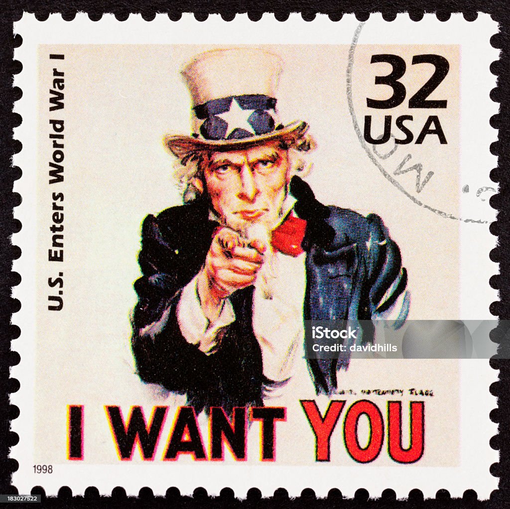 Uncle Sam "I want you" USA postage stamp recruiting Canceled vintage American stamp of Uncle Sam used in military recruitment campaign. Uncle Sam Stock Photo