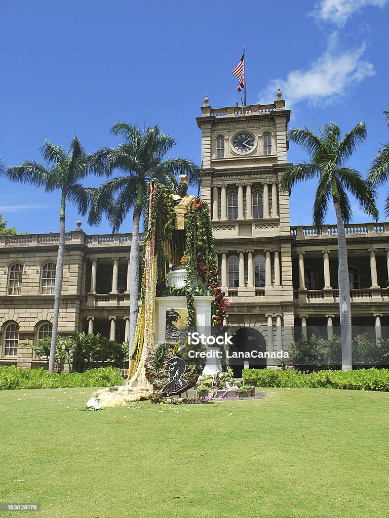 Statue of King Kamehameha in Honolulu The Kamehameha Statue stands prominently in front of the Hawaii State Supreme Court (Aliiolani Hale) in Honolulu.  The  statue is considered one of the most visited landmarks of Honolulu. The Statue of King Kamehameha is decorated with flower garlands for King Kamehameha Day annual celebration. Architecture Stock Photo