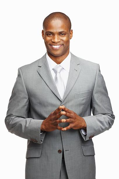 istock Happy African American business man standing against white 183028514