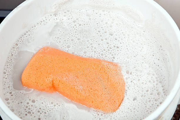 Sponge in a Bucket of Dirty Sudsy Water  bucket and sponge stock pictures, royalty-free photos & images