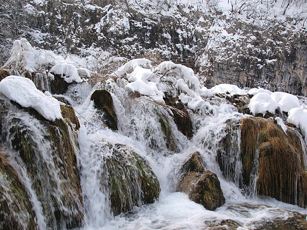 폭포 - plitvice lakes national park croatia winter sparse 뉴스 사진 이미지