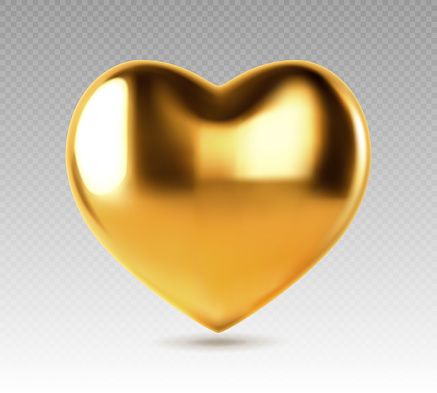 Golden realistic heart. Vector illustration of metal heart shaped. Golden glittering heart shape isolated on transparent background.