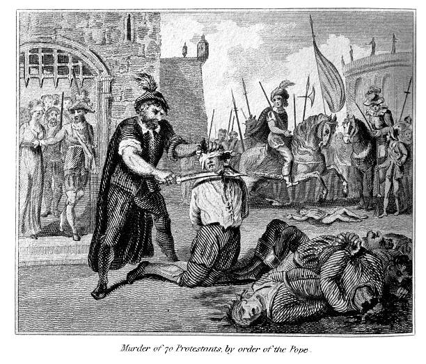 Murder of 70 Protestants Vintage engraving from 1807 showing a seen from the religious unrest of the 16th century with Protestants being murdered on the orders of the Pope. executioner stock illustrations