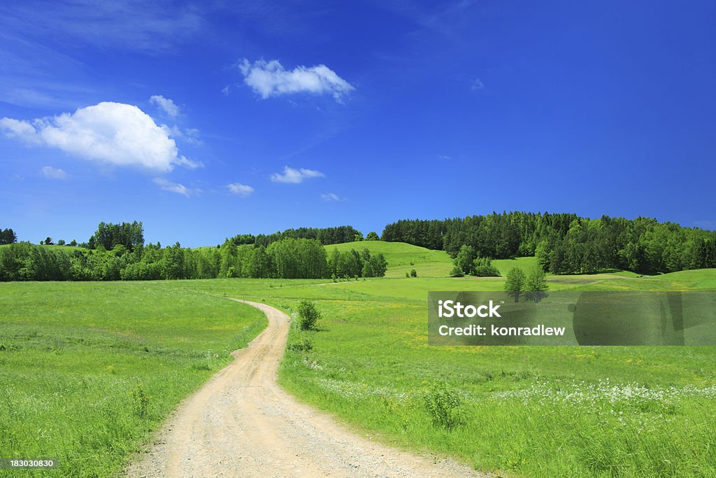 Cortina country road e campos verdes-paisagem - Foto de stock de Azul royalty-free