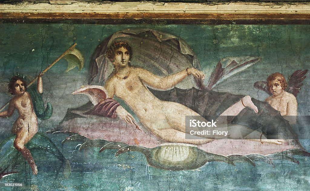 House of Venus, Pompeii "Fresco in House of Venus, Pompeii.Pompeii is a ruined and partially buried Roman town-city near modern Naples in the Italian region of Campania, in the territory of the comune of Pompei. Along with Herculaneum, its sister city, Pompeii was destroyed, and completely buried, during a long catastrophic eruption of the volcano Mount Vesuvius spanning two days in AD 79." Aphrodite - Greek Goddess Stock Photo